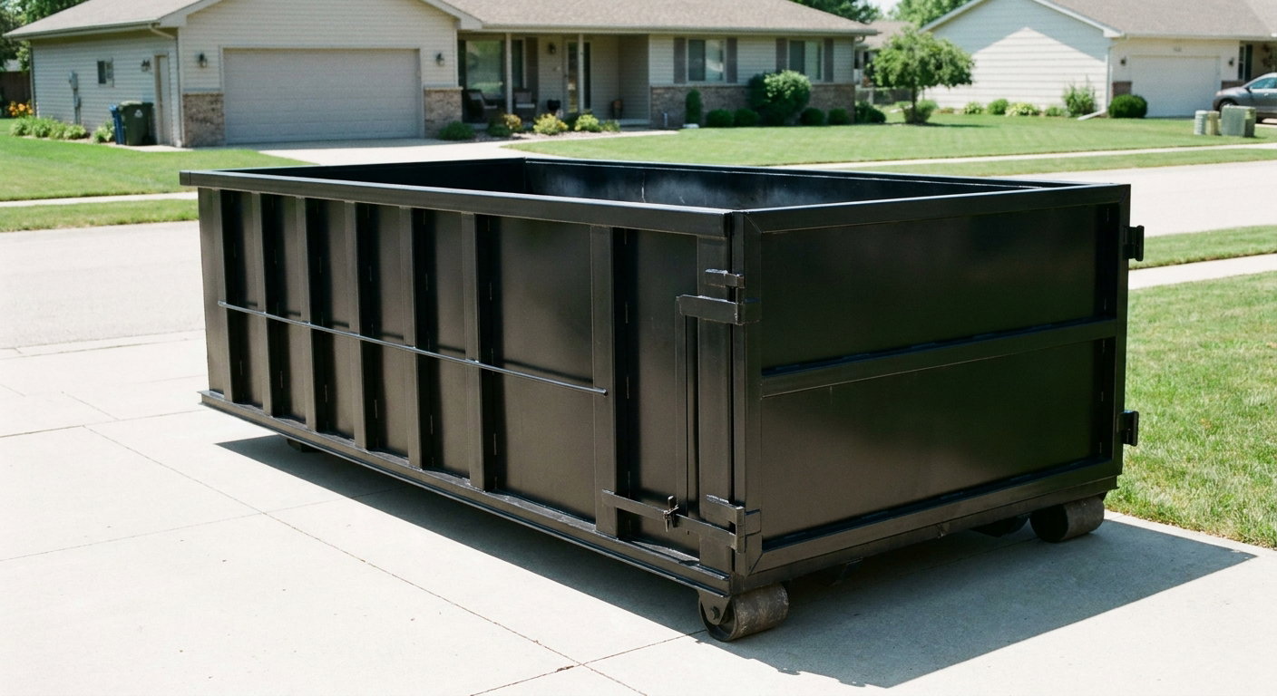 Matte-black 10-yard roll-off dumpster on a residential concrete driveway in Ridgecrest, uniformly painted matte black across every panel and rail, ribbed steel sidewalls and rear swing door visible, mid-day daylight.