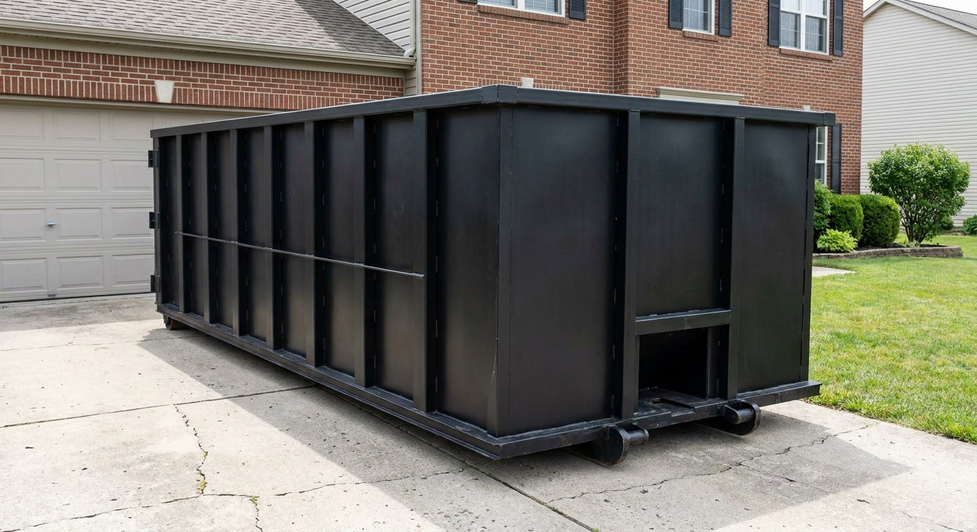 Matte-black 20-yard roll-off container on a Ridgecrest residential concrete driveway with reinforced ribbed steel sidewalls and a hinged rear walk-in door, clean bright daylight.