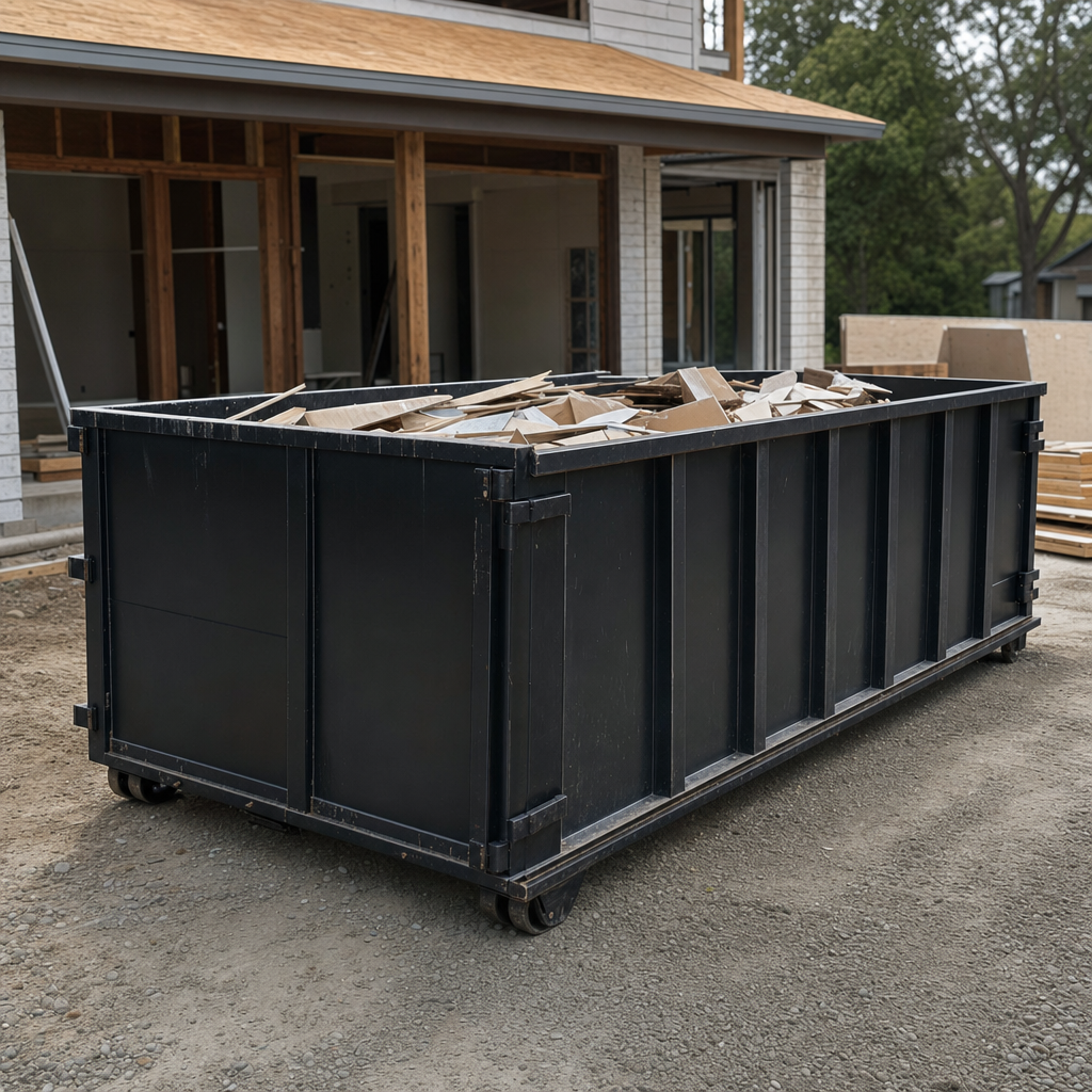Large matte-black 30-yard construction roll-off dumpster at an active Ridgecrest jobsite, steel-gray top rails and bottom rollers visible, loaded with construction debris.