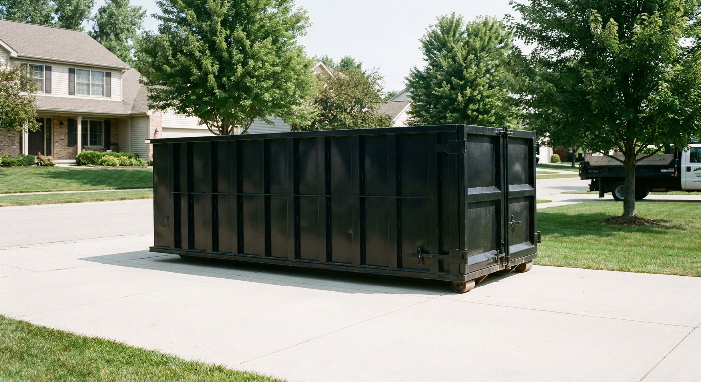 Matte-black 20-yard roll-off dumpster sitting level on a clean Ridgecrest residential concrete driveway under bright daylight, demonstrating clean placement directly on the concrete.