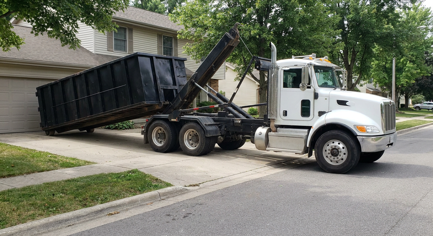 White-cab hooklift roll-off truck actively lowering a matte-black dumpster onto a Ridgecrest residential concrete driveway, the dumpster's rear wheels touching the driveway as the hoist arm tilts the bed forward, mid-morning daylight.